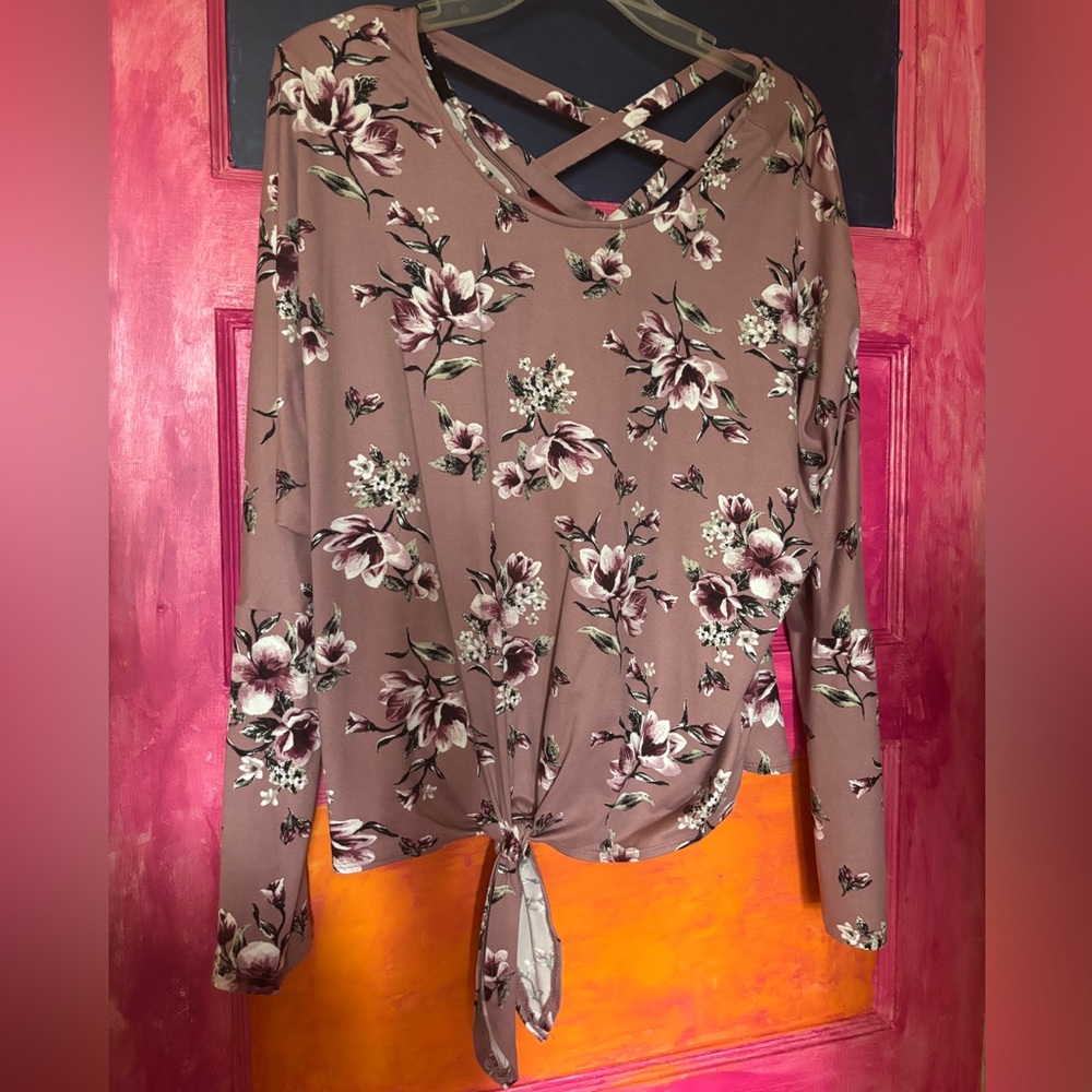 Iz Byer Floral Criss-Cross Back, Tie-Front Blouse